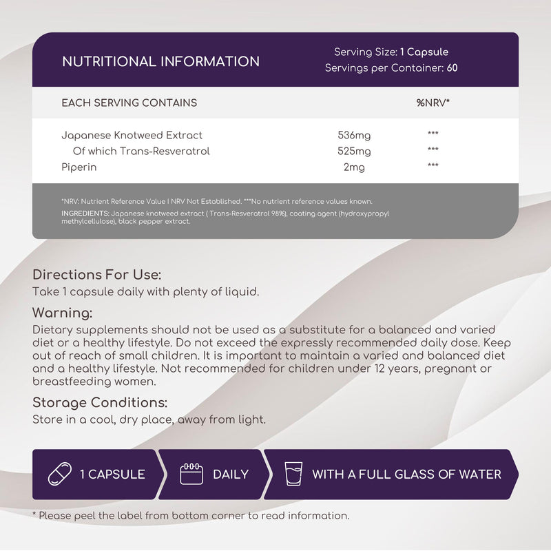 Resveratrol Supplement - 525 mg Pure Trans Resveratrol, 1 Capsule a Day - 140:1 Extract from Japonese Knotweed - Highly Bioavailable & Enhanced Absorption - Antioxidant Support, 60 Servings - Non-GMO