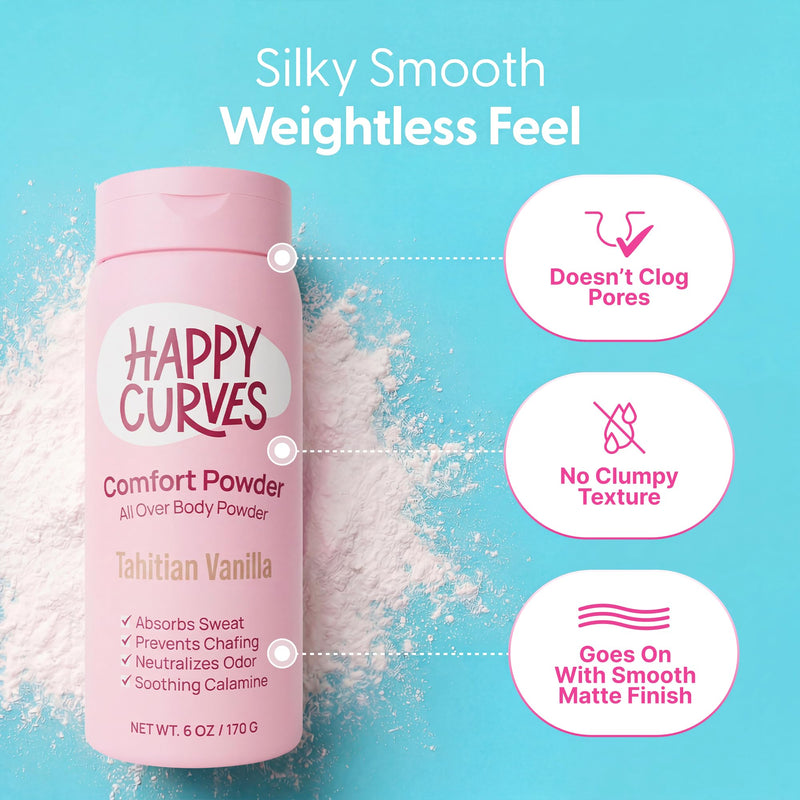 HAPPY CURVES Comfort Powder: Talc Free Anti Chafe Body & Foot Dusting Powder Deodorant to Control Inner Thigh Chafing, and Private Areas 6oz (Pack of 1) - Tahitian Vanilla 6 Ounce (Pack of 1)