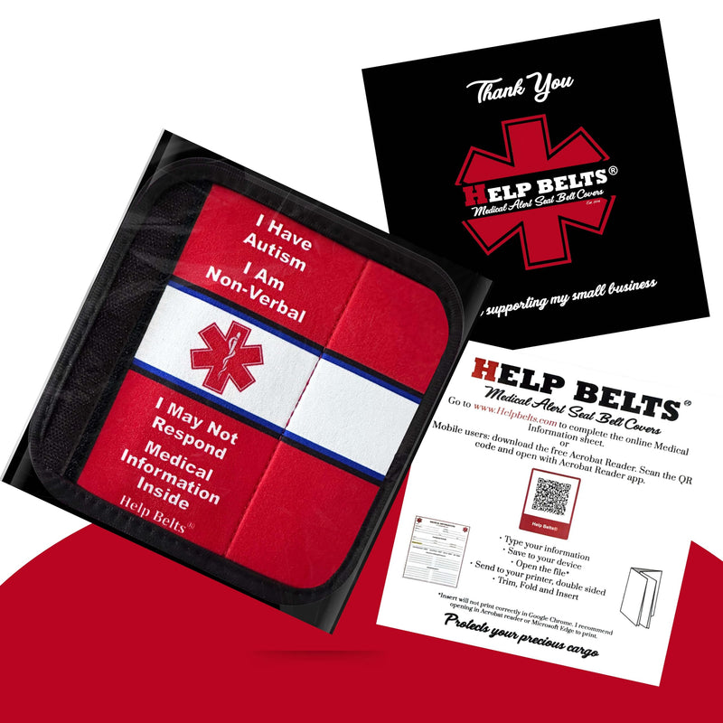 [Australia] - Autism/Non-Verbal/May Not Respond Awareness Medical Alert Seatbelt Cover for Kids and Adults with Emergency Information Form and Pocket by Help Belts. (Red, 6 Inch Car Seat) Red 