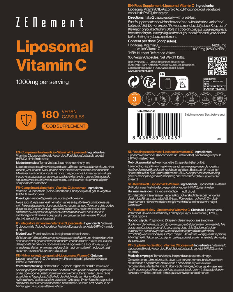 Liposomal Vitamin C 1000 mg, 180 Capsules | 3-Month Supply of Pure Vitamin C | Supports Normal Immune System Function | Zenement