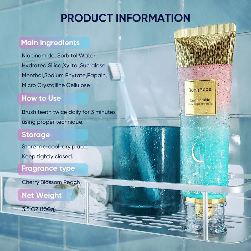 BodyAccel Niacinamide Toothpaste – Whitening & Fluoride-Free, Fresh Breath & Healthy Gums, Removes Surface Stains, Natural Peach Flavor (1 Pack)