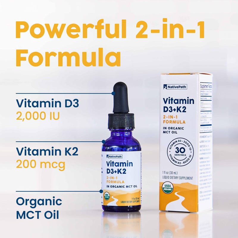 NativePath D3K2 Tincture – 2000IU Vitamin D3 and Vitamin K2 Supplement with Organic MCT Oil – 1 Fluid Ounce – Rapid Bioavailability Multi-Vitamin for Bone Strength and Total Body Wellness, 30 Servings