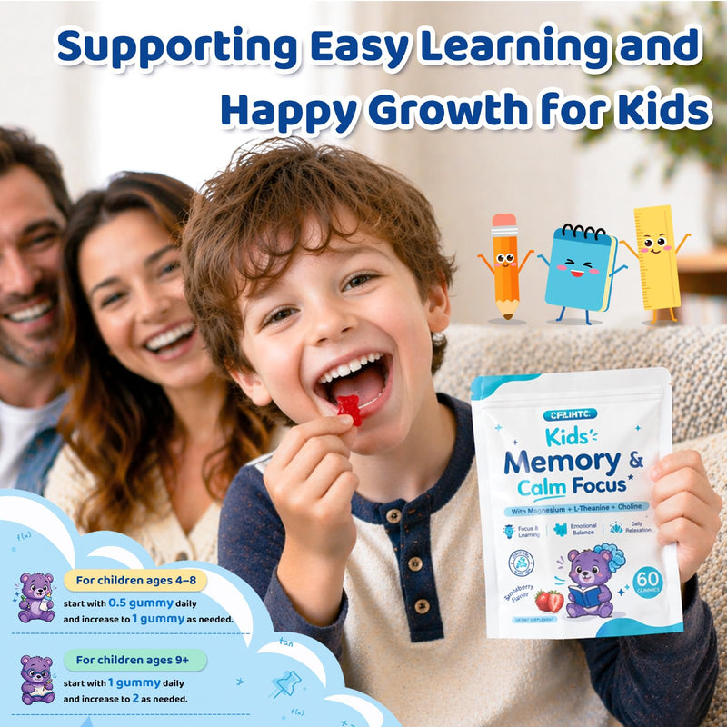Kids Focus & Memory Gummies with Magnesium Glycinate, Phosphatidylserine & Choline - Support Brain, Attention & Focus for Kids, Learning & Cognitive Development – Sugar Free Strawberry 60 Gummies
