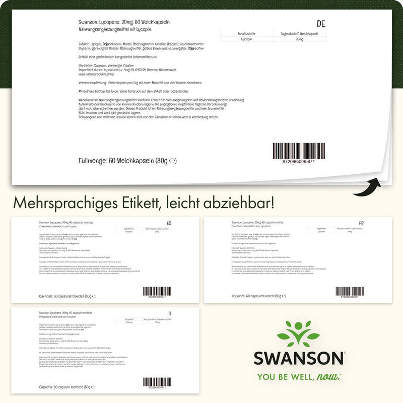 [Australia] - Swanson, Lycopene, 20mg, 60 soft capsules, high dosage, laboratory tested, gluten free, non-GMO 