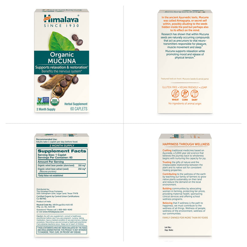 [Australia] - Himalaya Organic Mucuna Pruriens, 60 Day Supply - Herbal Supplement for Calming Relaxation from Tension and Promoting Brain Function - Vegan, Non-GMO, Gluten Free, 600 mg, 60 Caplets 60 Count (Pack of 1) 