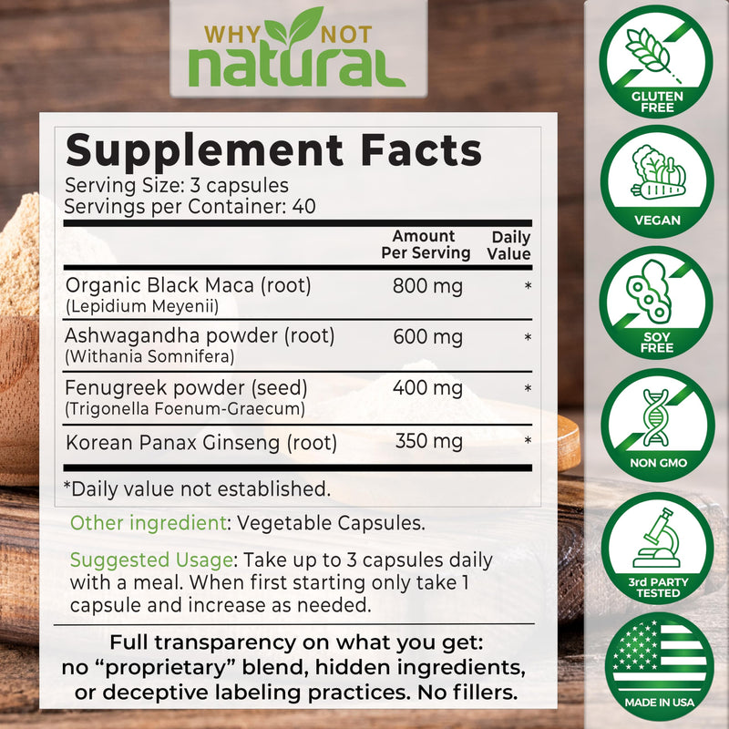 [Australia] - Why Not Natural 4-in-1 Organic Black Maca Root, Ashwagandha, Fenugreek, Panax Ginseng Capsules, Supplement for Men and Women (120 Count (Pack of 1) 120 Count (Pack of 1) 