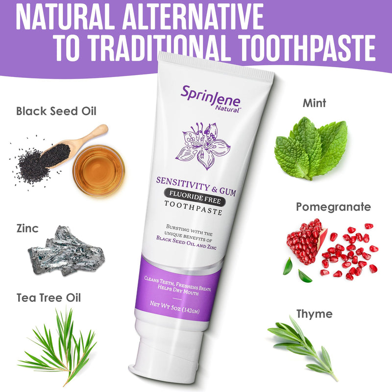 [Australia] - SprinJene Natural Fluoride Free Toothpaste for Sensitive Teeth & Gums – Patented Toothpaste with Black Seed Oil & Zinc – Vegan Dry Mouth Prevention for Fresh Breath – Made in The USA (4 Pack) Mint - Sensitivity & Gum Pack of 4 