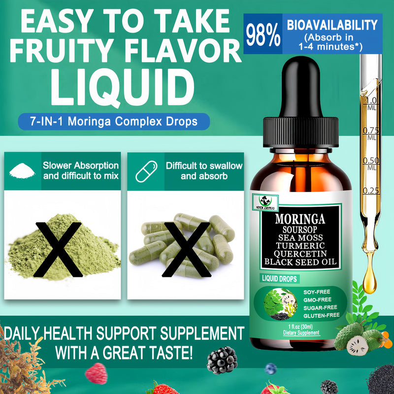 Moringa Drops,Pure Moringa Oleifera Liquid Extract with Soursop Sea Moss Black Seed Oil Quercetin Turmeric - Multimineral&Vitamins Superfood Drops for Energy Immune,Digestive,Cell Support,30 Serving