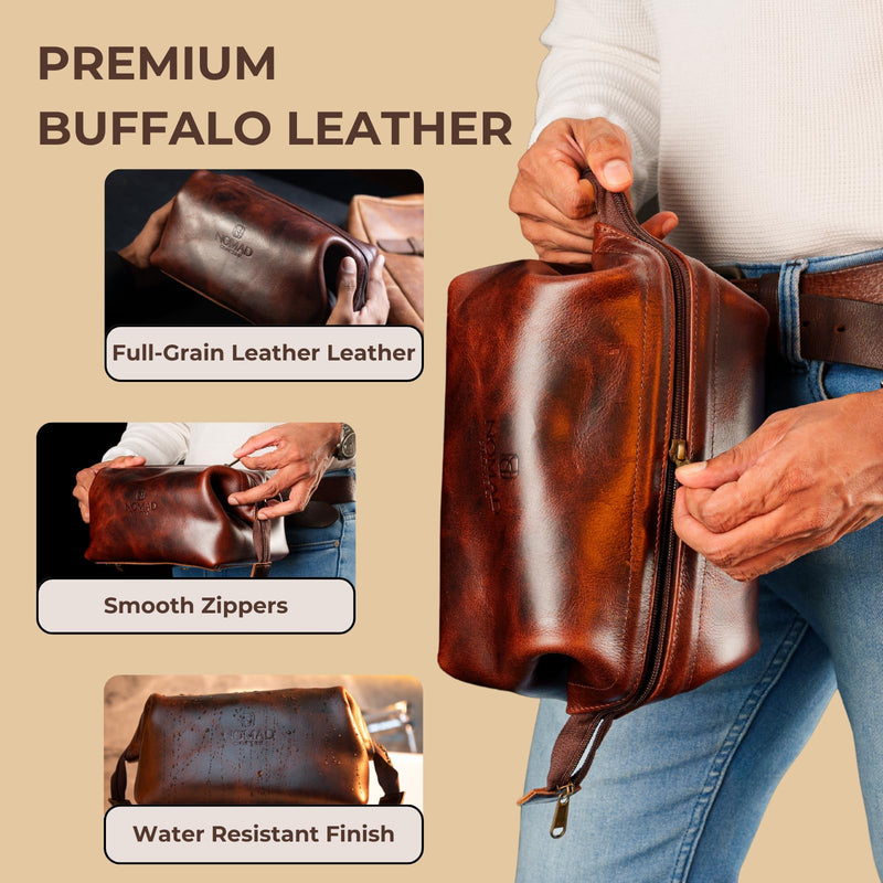 NomadCraftsCo. Premium Leather Travel Toiletry Bag for Men and Women, King-Size Dopp Kit with Waterproof Lining, Mens Toiletry Travel Bag Brown