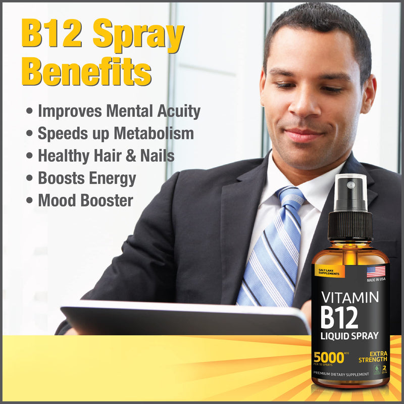 2 Pack Liquid B12 Spray 5000 mcg - Methylcobalamin Vitamin B12 Liquid | Boost Energy - Mood & Brain Health - Gluten-Free, Non-GMO B12 Spray for Men & Women - Easy Dosage (5000 mcg in 10 Sprays)