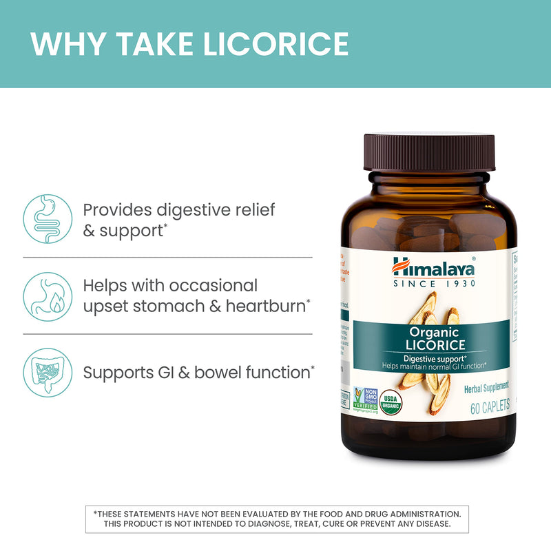 [Australia] - Himalaya Organic Licorice Root Herbal Supplement, Non-DGL, Occasional Heartburn and Indigestion Relief, Upset Stomach Relief, Digestive Support, Non-GMO, USDA Organic, Vegan, 60 Plant-Based Caplets 60 Count (Pack of 1) 