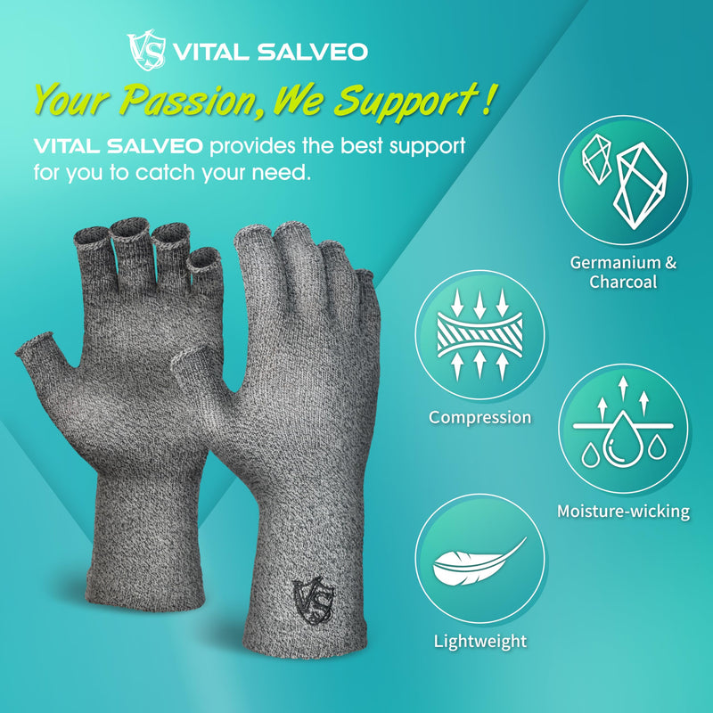 [Australia] - VITAL SALVEO Fingerless Recovery Gloves Stretchy Hands Office Unisex Half Finger Typing Texting Circulation Gloves (Pair) Light Grey Large 