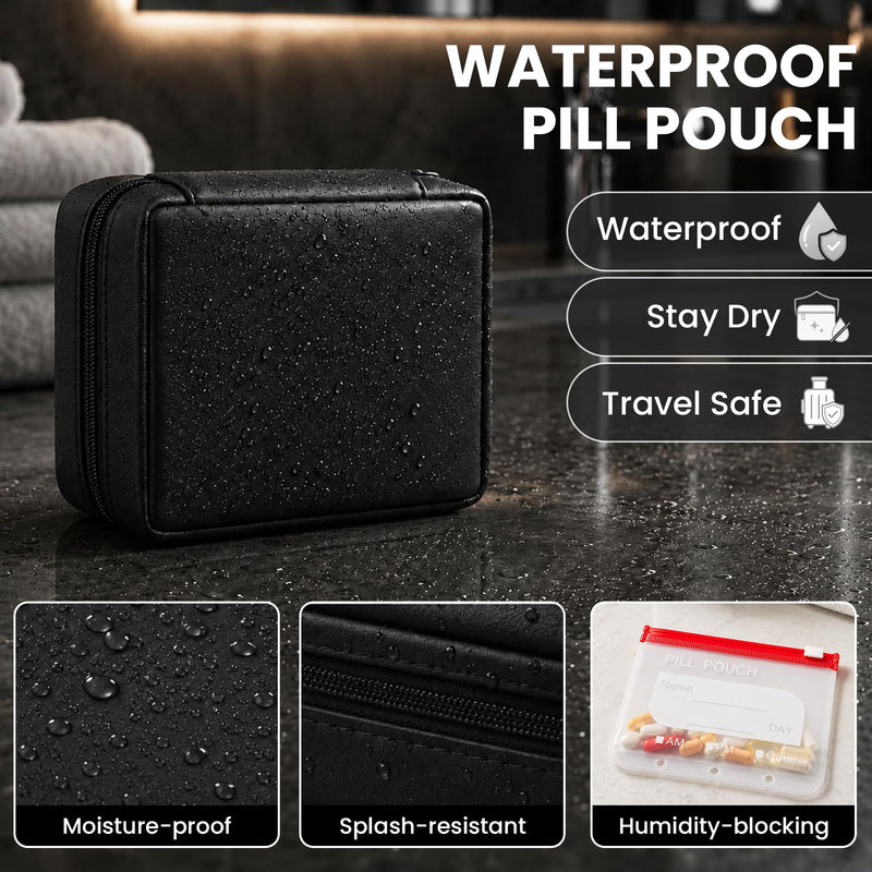 Waterproof Pill Organizer Set, 14 Pouches, Travel Storage Case (Black) | 14 Color-Coded Pouches, Waterproof PU Shell Leakproof Zippered Case, Lightweight for Daily Vitamins & Supplements