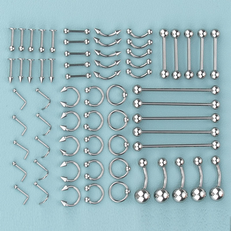 [Australia] - 120PCS Body Piercing Kit Surgical Steel 14G 16G 20G BCR CBR Labret Lip Rings Cartilage Daith Earrings Nose Septum Nose Studs Belly Button Rings Jewelry Needles Gloves Clamps Tools Silver 