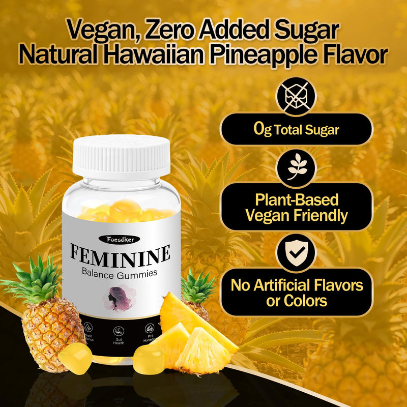 Feminine Balance Gummies for Women, PH Balance,Hawaiian Pineapple | Support Healthy Odor & Immune & Vaginal Health, Vegan , 60 Count