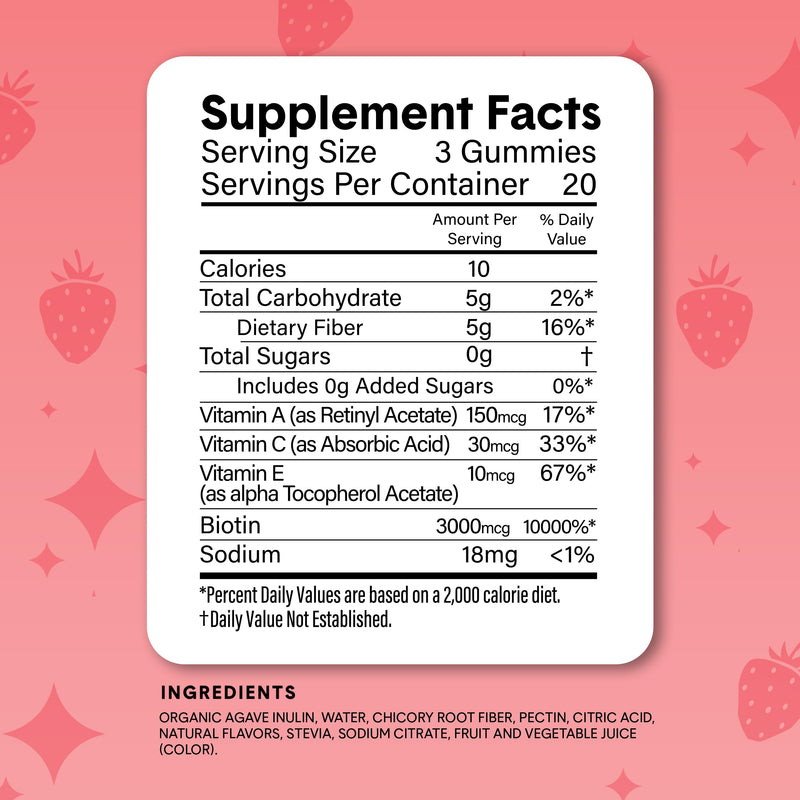 Bellway Super Fiber + Beauty, Fiber Gummies with Biotin, Sugar-Free, 60 Ct | 5g Prebiotic Fiber Supplement with Biotin & Vitamins A, C & E for Digestive Health, Skin, Hair & Nails Strawberry Lemon