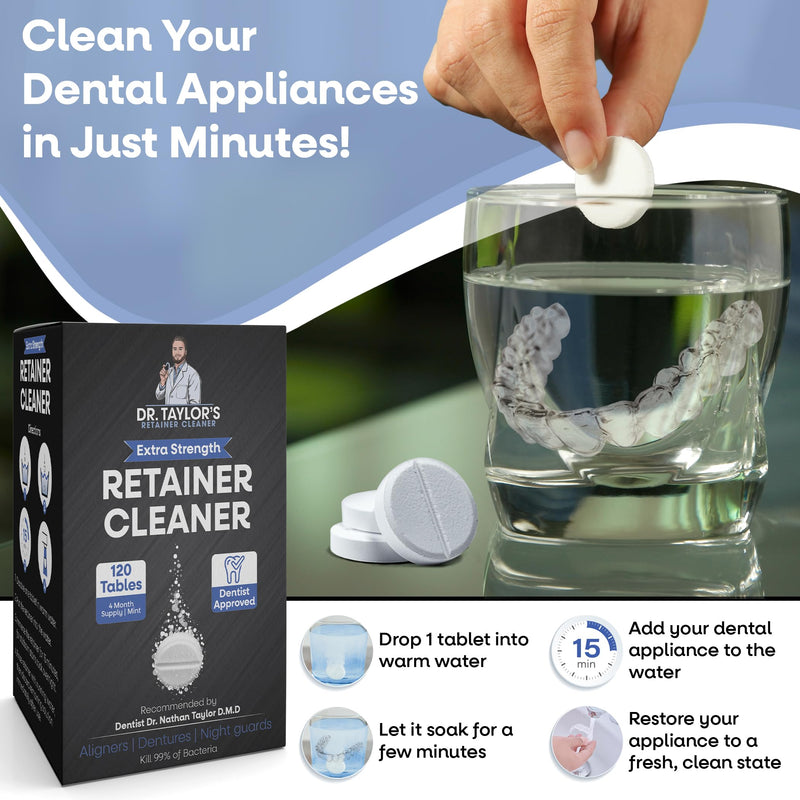[Australia] - Dr. Taylor’s Retainer Cleaner Tablets 120 for Aligners & Dentures - Effectively Removes Stains, Plaque, and Odor - Mouth & Night Guards Cleaner with Refreshing Mint Flavor 