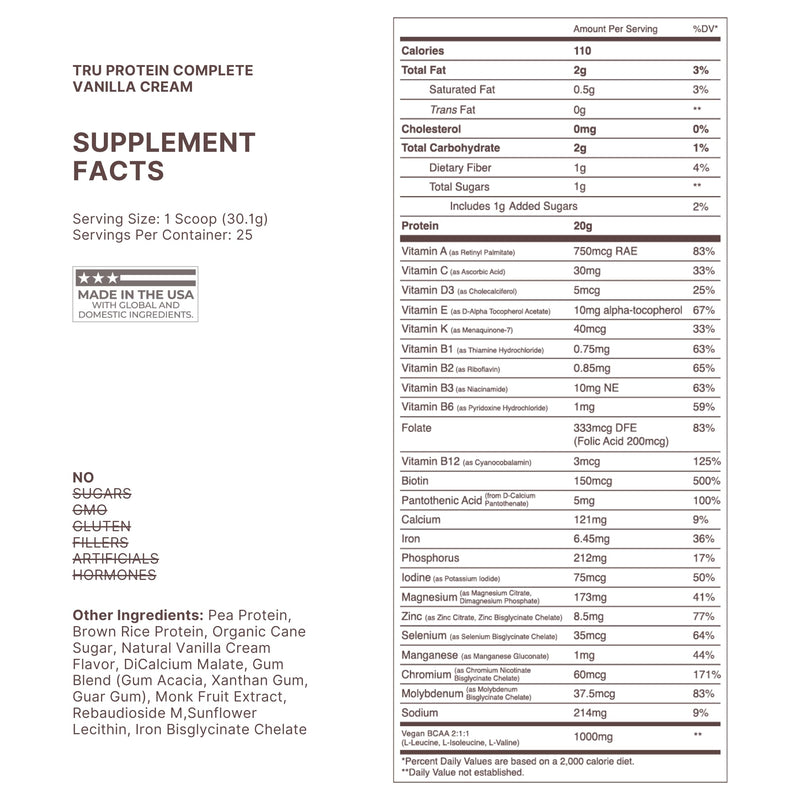 TRU Supplements Plant Based Protein Powder, BCAA, EAA, 20g Vegan Brown Rice & Pea Protein, 100 Calories, 27 Vitamins, No Artificial Flavors 25 Servings (Vanilla Cream) Vanilla