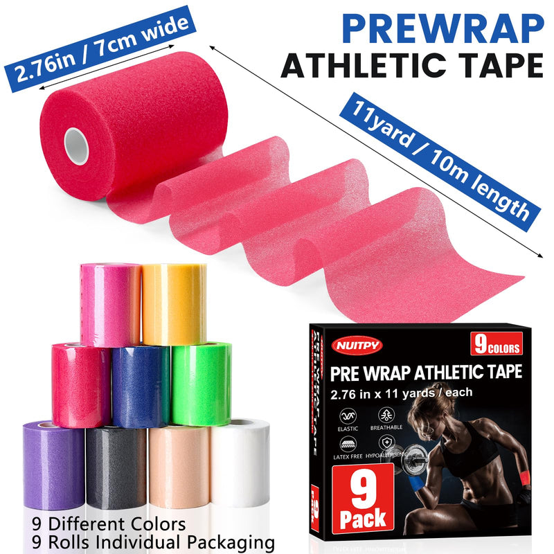 [Australia] - 9 Pack Pre Wrap Tape, 9 Colors 2.76 Inch x 11 Yards Prewrap Athletic Tape for Hair Soccer, Pre Wrap Foam Tape, Soccer Pre Wrap Tape, Prewrap Headbands for Hair Blue,pink,purple,white,red,black,skin,green,yellow 