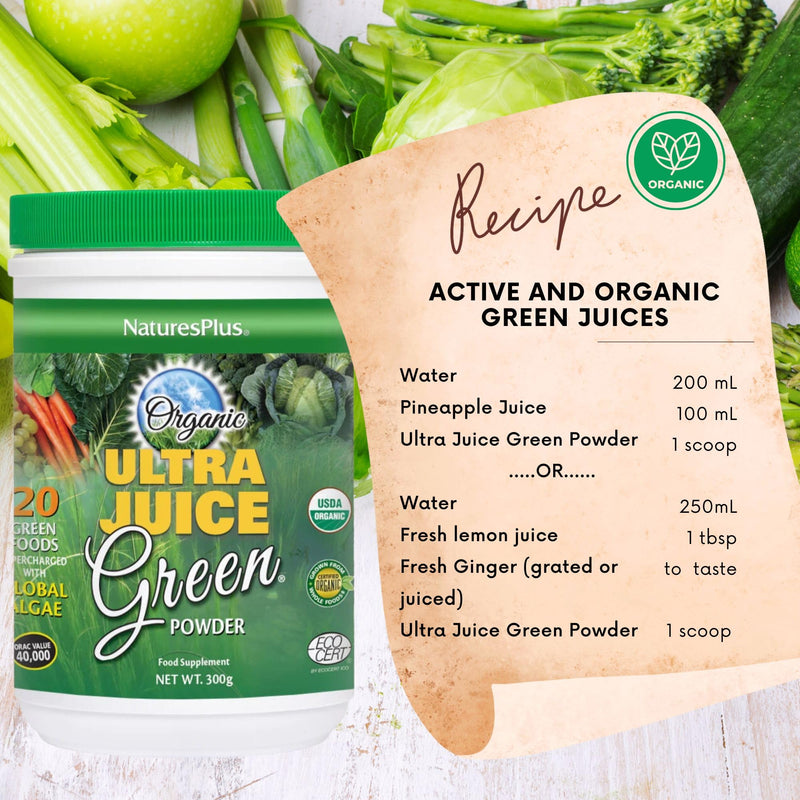 NaturesPlus Ultra Juice Green Powder - Organic Superfoods, Probiotics, Herbs, Spirulina, Chlorella, Chlorophyll - Gluten Free - 300g Powder