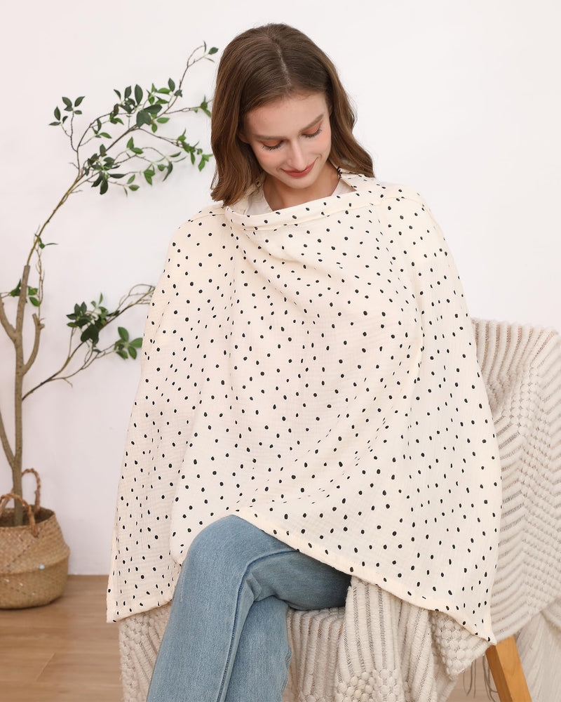 [Australia] - Nursing Cover for Baby Breastfeeding with Rigid Hoop, Breathable Soft 100% Muslin Cotton, Baby Breast Feeding & Pumping Apron, Multi Use Baby Car Seat Stroller Cover (Beige polka dots) Beige polka dots 