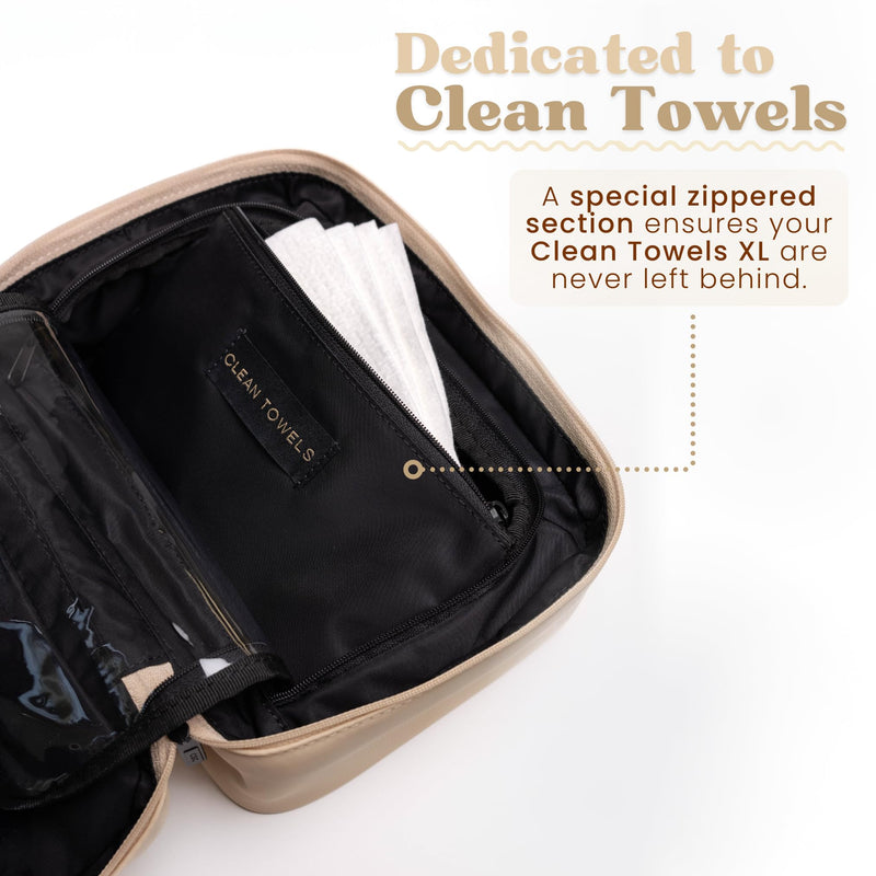 CLEAN SKIN CLUB Clean Towels XL Dedicated Travel Cosmetic Makeup Bag, Portable Large Capacity Beauty Toiletry Water Resistant Organizer Case with Dividers, Zipped Compartments Sand
