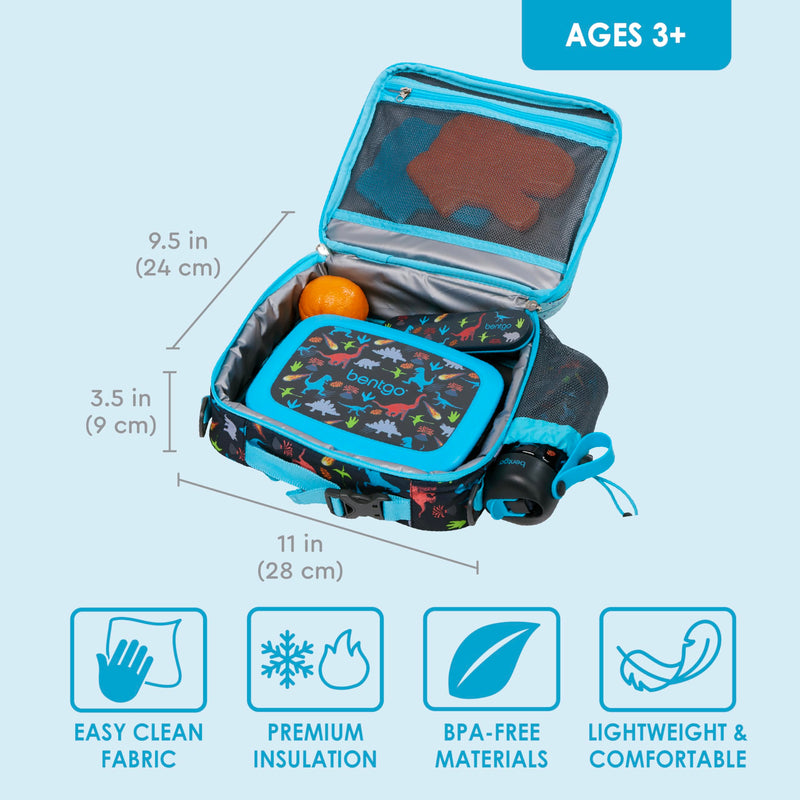 [Australia] - Bentgo® Kids Lunch Bag - Durable, Double-Insulated Lunch Bag for Kids 3+; Holds Lunch Box, Water Bottle, & Snacks; Easy-Clean Water-Resistant Fabric & Multiple Zippered Pockets (Dinosaur) Dinosaur 