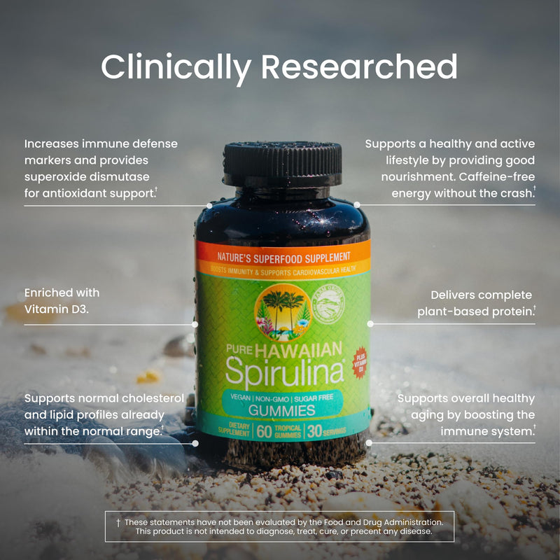 Nutrex Hawaii Pure Hawaiian Spirulina Gummies, Sugar-Free, Vegan, 60 Count | Spirulina Farm Grown in Kona, Hawaii, Superfood Supplement w/ Vitamin D3, Non-GMO, Glyphosate Residue Free, 3rd Party Tested 60 Count (Pack of 1)