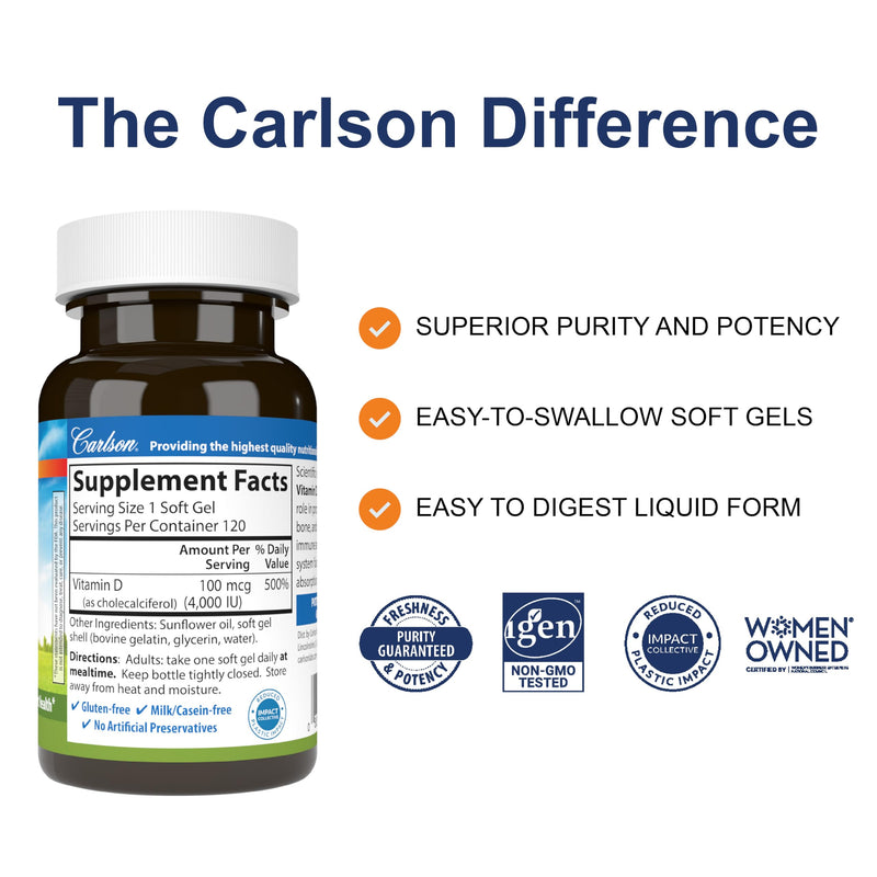 Carlson Vitamin D3 4000 IU (100 mcg), Bone Health, 120 Softgels | Muscle Health; Cholecalciferol; Vitamin D Supplements; Vitamin D3 Soft Gels Unflavored 120 Count (Pack of 1)