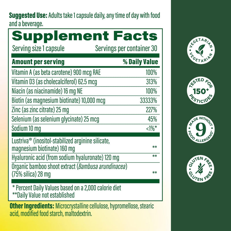 MegaFood Hair Growth, Lustriva, Hyaluronic Acid & Biotin, 30 Capsules | Clinically Studied Lustriva Supports Thicker & Fuller Existing Hair Growth, Hyaluronic Acid and Biotin 10000mcg, 30 Servings