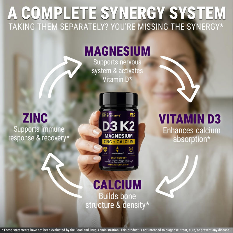 Vitamin D3 K2 Magnesium with Zinc & Calcium | Magnesium Glycinate 1500mg | D3 10,000 IU | K2 200mcg | Calcium 50mg | Zinc 50mg | Bone, Muscle & Immune Support for Women & Men - Vegan - Non-GMO