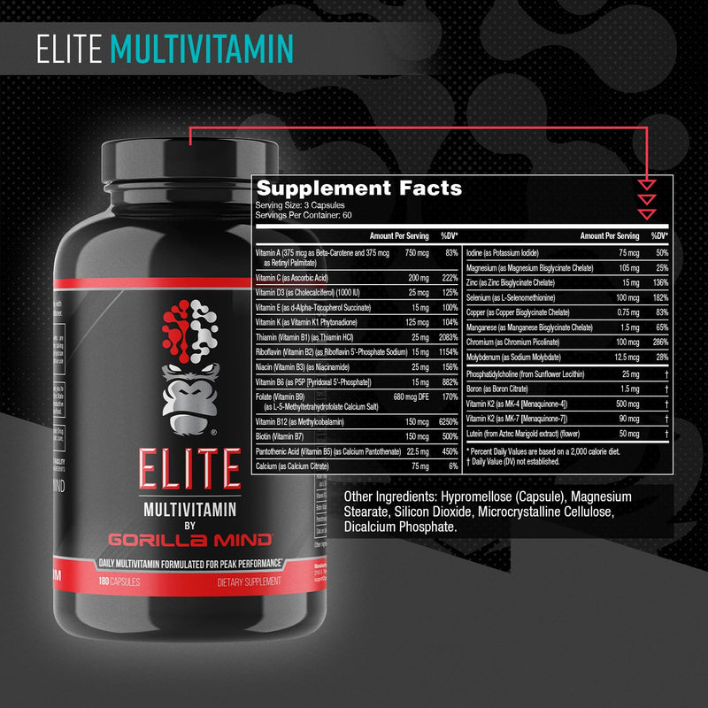 Gorilla Mind Elite Daily Multi-Vitamin (180 Capsules) | Formulated for Peak Performance | 27 Nutrients to Backfill Micronutrient Shortcomings