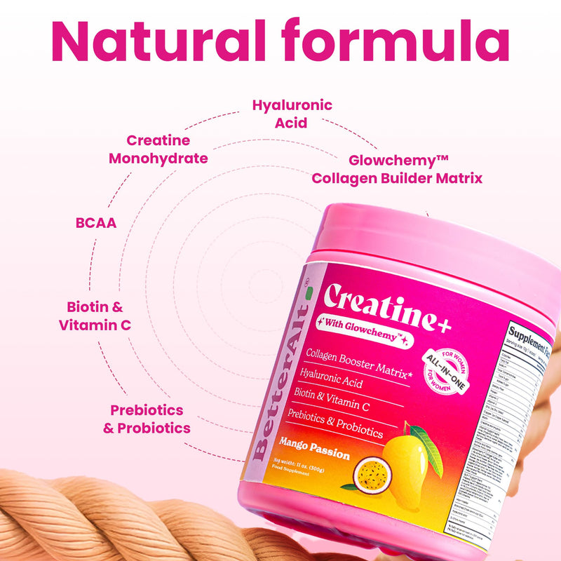 3g Creatine Monohydrate Powder with Glowchemy Collagen Builder, Glutathione, Hyaluronic Acid & Biotin | Creatine and Collagen Powder for Women | Mango Passion Flavor 30 Serving
