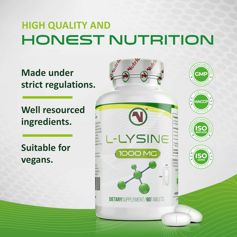 L-Lysine x 90 1000mg Tablets | Smallest Possible 19mm Formula | Easier to Swallow and Quicker to Absorb - Suitable for Vegetarian and Vegan. (90) (Pack of 2) 90 count (Pack of 2)