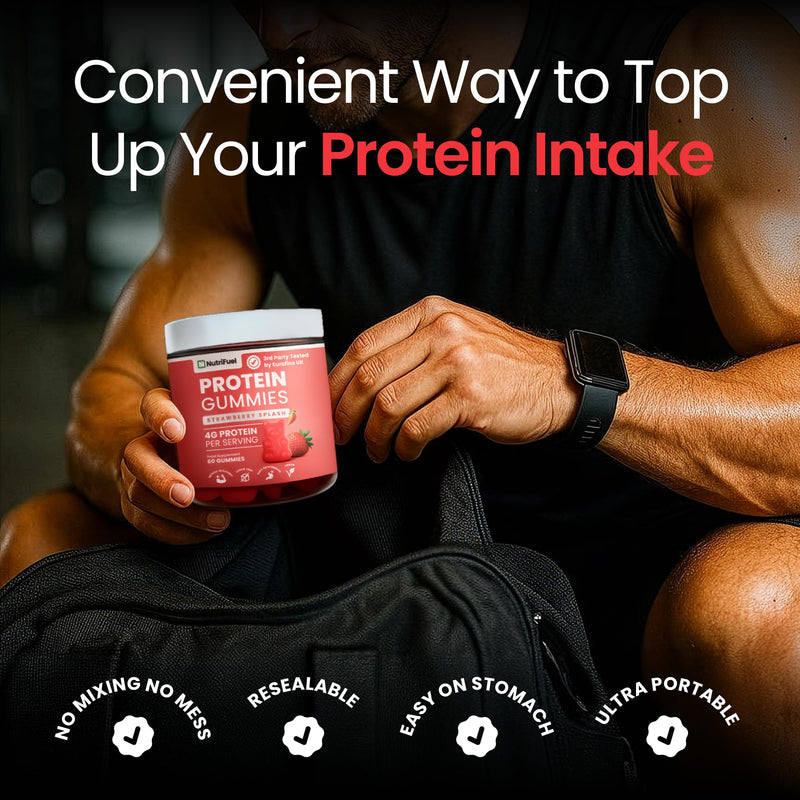 Protein Gummies - 4 Grams per Serving | Strawberry Splash Flavour | 60 Count | Vegan Essential Amino Acids for Recovery & Performance by NutriFuel