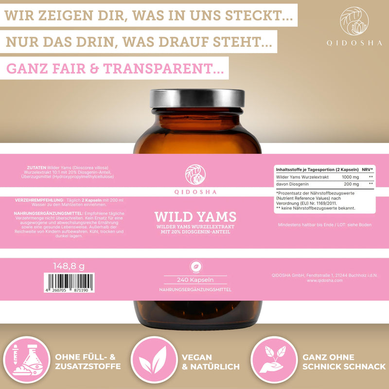 [Australia] - QIDOSHA® Wild Yam Root Extract, 240 pieces/glass, 1000mg Wild Yam Root Extract with 200mg Diosgenin per daily portion, Mexican Wild Yam capsules high dosage, vegan, made in Germany 
