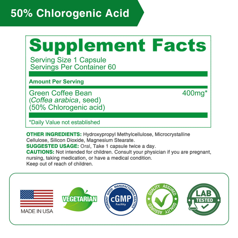[Australia] - Lovita Green Coffee Bean Extract, 50% Chlorogenic Acid for Metabolism, Energy & Weight Management, 800 mg per Day, Vegan, Non-GMO, Gluten-Free, Natural Antioxidant Supplement, 60 Capsules 60 Count (Pack of 1) Classic Packaging 