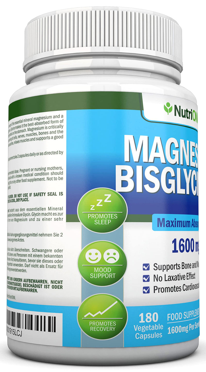 Magnesium Bisglycinate - 1600 mg - 180 Vegan Capsules - High Absorption - Chelate Vegan Supplement - High Bioavailability Pills - Great for Sleep, Anxiety, Heart Health, Muscle Cramps and Bones