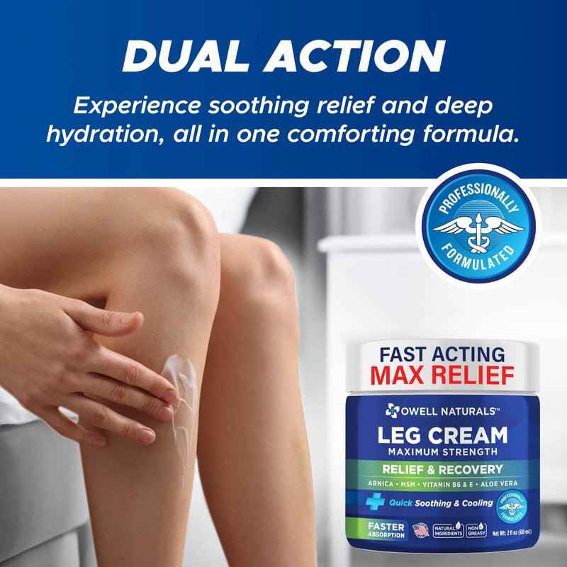 OWELL NATURALS Relief Legs Cream, Deep Penetrating Soothing Formula, Fast Acting & Maximum Strength with Arnica, Aloe Vera Vitamin E, for Muscles, Calf, foot, ankle, 2 oz 2 Fl Oz (Pack of 1)