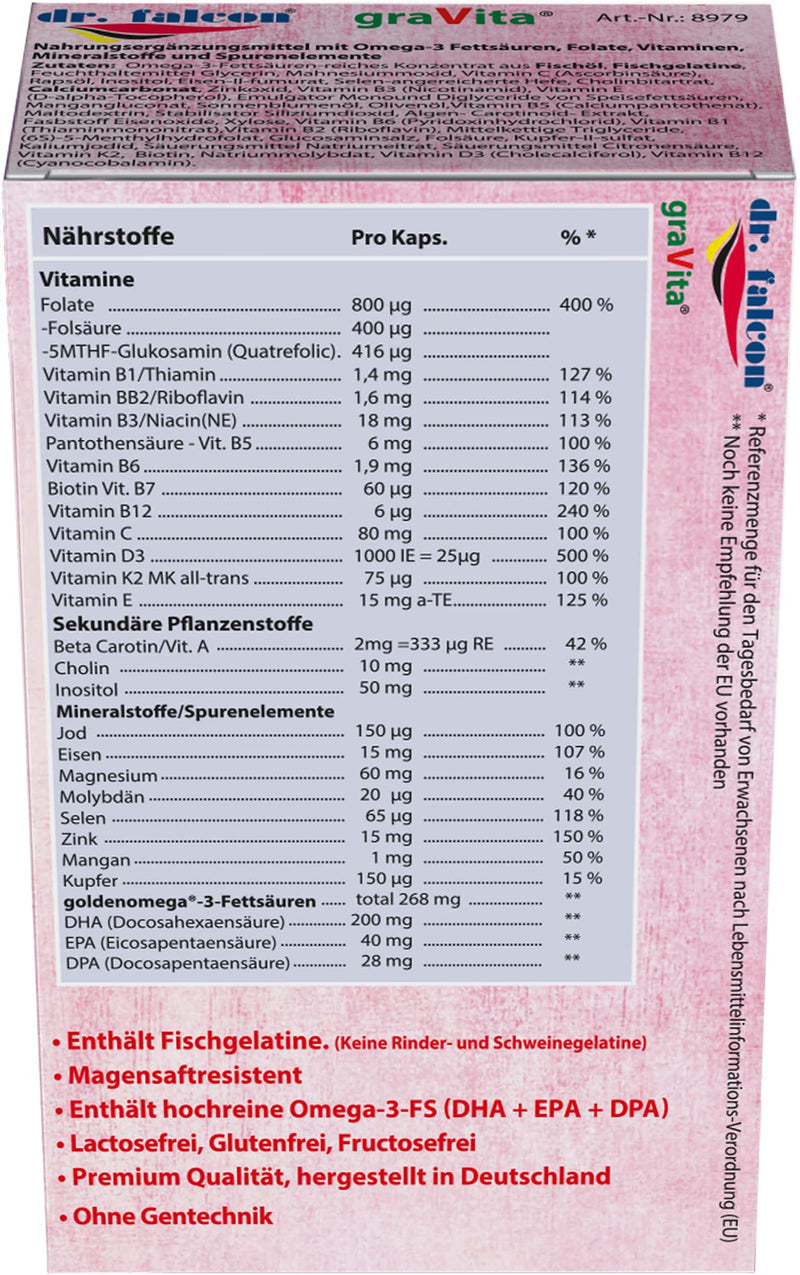 [Australia] - dr. falcon graVita – 25 nutrients for the desire to have children, pregnancy and breastfeeding - 30 capsules | contains folic acid, quatrefolic, omega-3, DHA, vitamin D3 + K2, iodine, iron, selenium 