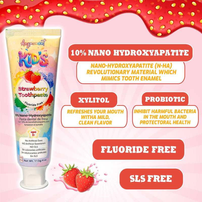 Anymoment Kids Toothpaste, 10% Nano Hydroxyapatite, Fluoride Free, 4 oz | Natural Strawberry Flavor for Ages 2+, SLS Free with Xylitol, Probiotics & Vitamin E Pack of 1