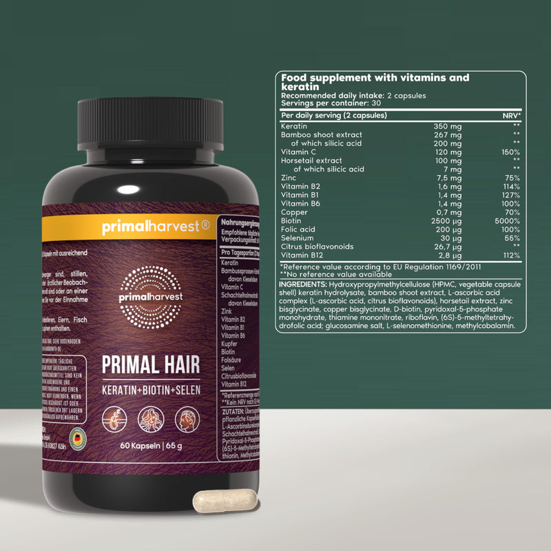 Primal Harvest Hair Growth - Hair Vitality Supplement with Selenium, Zinc & Biotin, for Men & Women, Multivitamin,1 Pack: 30 Servings Unflavoured 60 count (Pack of 1)