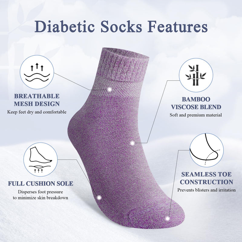 [Australia] - Bamboo Viscose Diabetic Socks for Women, 6 Pairs Non Binding Wide Top, Seamless Loose Cushion Socks for Swollen Feet Large Multicolor 
