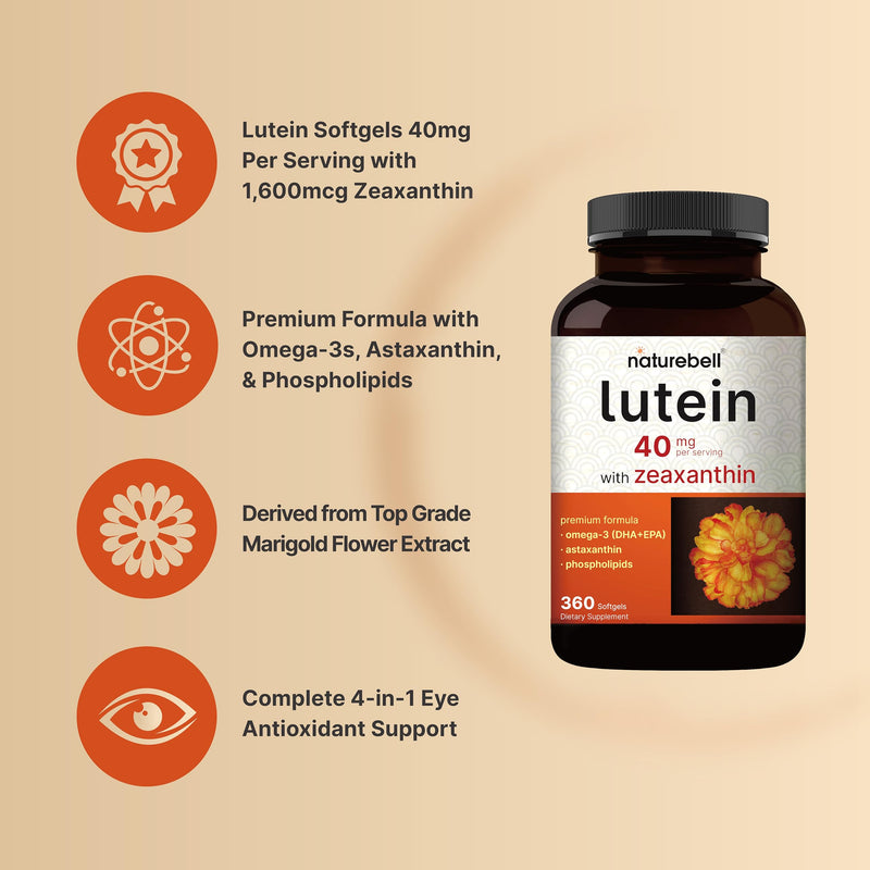[Australia] - Lutein 40mg and Zeaxanthin 1,600mcg Per Serving, 360 Softgels | 4 in 1 with Omega-3s, Astaxanthin, & Phospholipids – Marigold Flower Extract – Eye Antioxidant Vitamins – Non-GMO 
