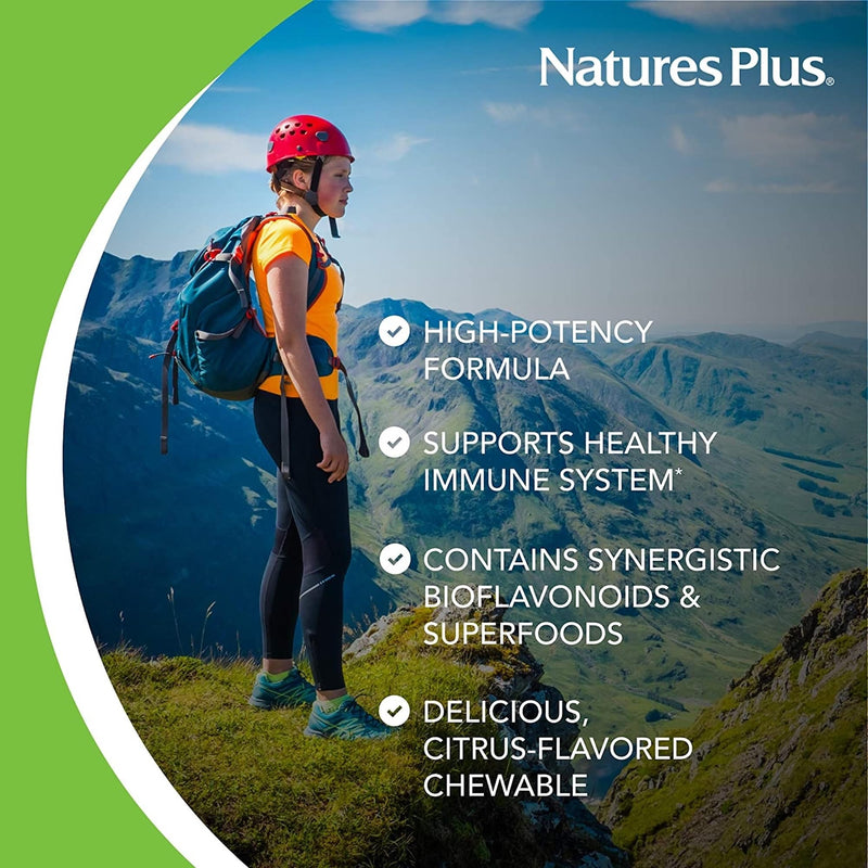 NaturesPlus Immune Chewable Vitamin C 500mg - Tasty Citrus Flavour - Gentle, Natural Vitamin C Tablets with Bioflavonoids - Immune Support - Vegan, Gluten Free - 60 Chewables