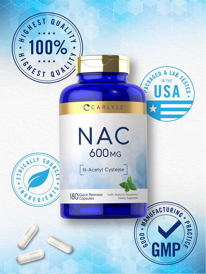 Carlyle NAC N-Acetyl Cysteine 600mg | 180 Capsules | with Peppermint | Free Form Supplement | Non-GMO, Gluten Free