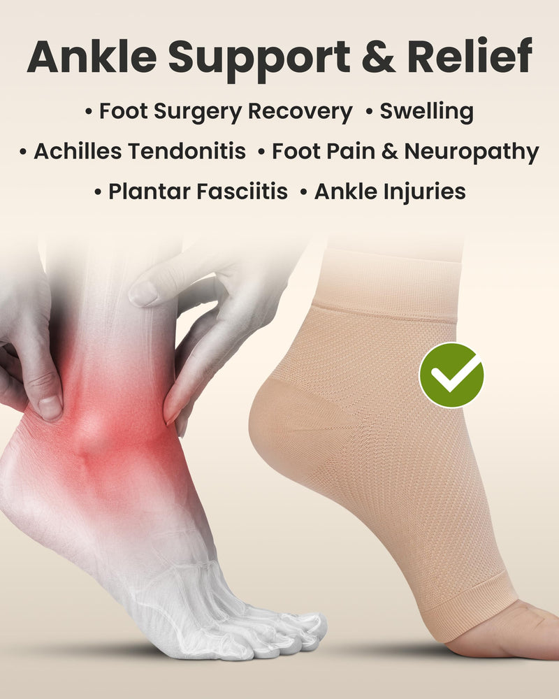 KEMFORD Ankle Compression Sleeve - 2-Pairs, Plantar Fasciitis Braces - Open Toe Compression Socks for Swelling, Sprain, Neuropathy, Foot Arch Support for Men and Women - 20-30mmhg, M, Beige Beige 2-Pairs Medium