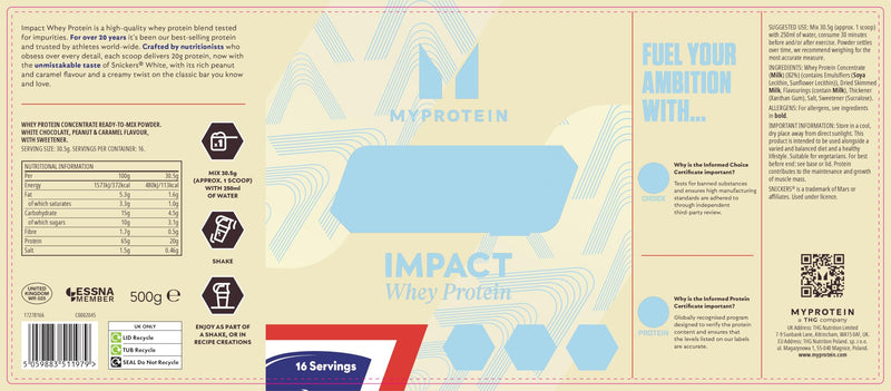 Myprotein Impact Whey Protein, Snickers White, 500g