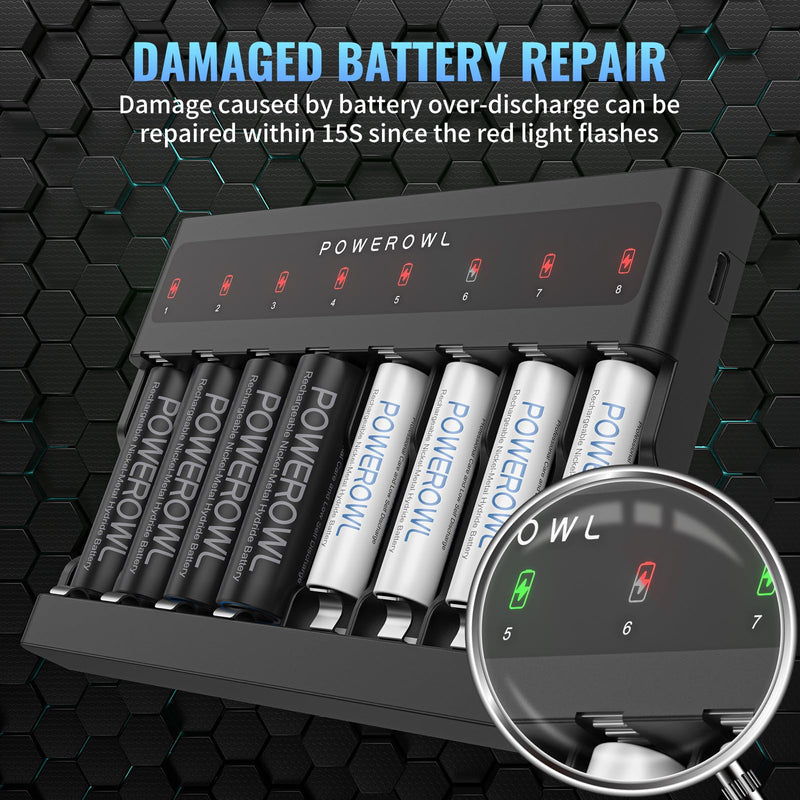 [Australia] - POWEROWL AA AAA Battery Charger 8 Bay, Independent Slot, USB Fast Charging for Ni-MH Ni-CD Rechargeable Batteries 