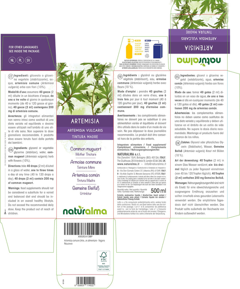 Common Mugwort (Artemisia vulgaris) herb with Flowers Alcohol-Free Mother Tincture Naturalma - Liquid Extract Drops 500 ml - Food Supplement - Vegan 500 ml (Pack of 1)
